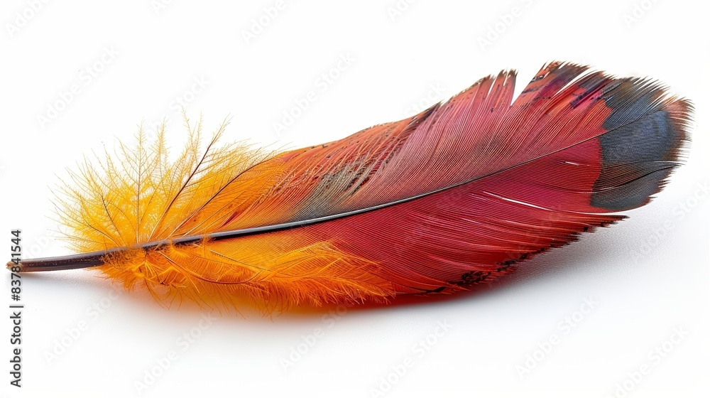 Vibrant orange and red feather isolated on a white background. Ideal for nature, art, and design concepts. Beautiful texture and detail. Vibrant orange and red feather isolated on a white background. Ideal for nature, art, and design concepts. Beautiful texture and detail.