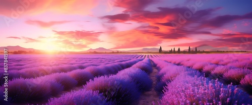 Stunning Lavender Field at Sunset with Vibrant Sky and Rolling Hills in the Background  Capturing the Beauty of Nature and Tranquility in a Picturesque Landscape