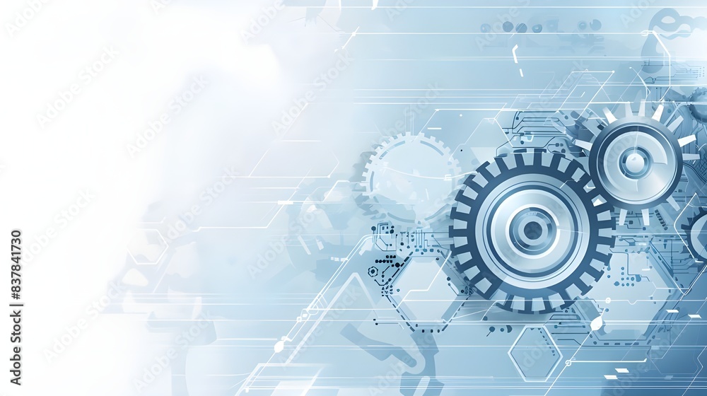 Vector illustration gear wheel, hexagons and circuit board, Hi-tech digital technology and engineering, digital telecom technology concept. Abstract futuristic on light blue color background Vector illustration gear wheel, hexagons and circuit board, Hi-tech digital technology and engineering, digital telecom technology concept. Abstract futuristic on light blue color background