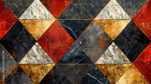 Geometric design with marble mosaic and artificial stone textures, enhanced with shiny metallic foil, creating a sophisticated and contemporary look. AI Generative.