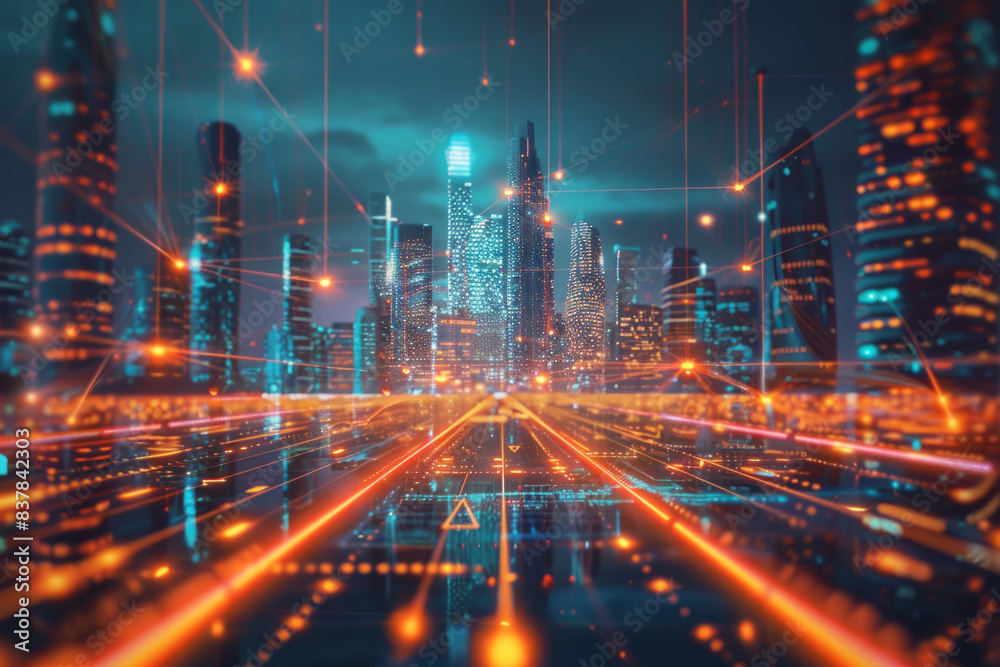 A digital futuristic city in the background with glowing lines in the foreground 