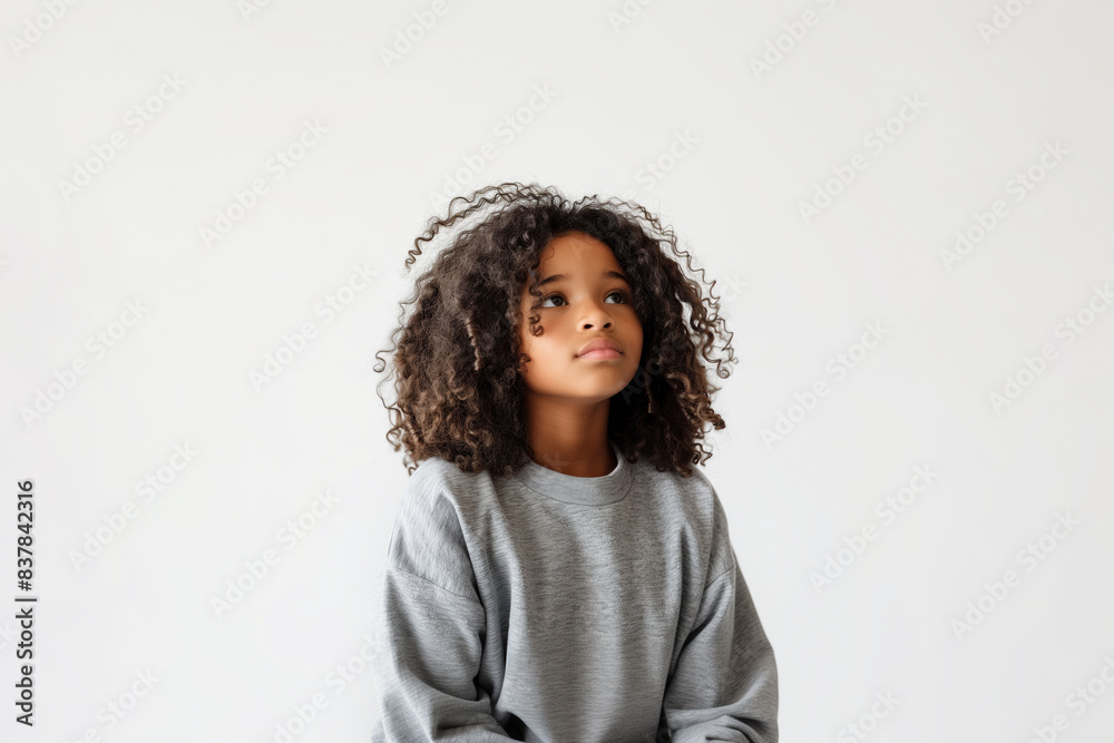 A young African American girl with curly hair, wearing a sweater. Her thoughtful expression and stylish outfit make her look modern and reflective. A young African American girl with curly hair, wearing a sweater. Her thoughtful expression and stylish outfit make her look modern and reflective.