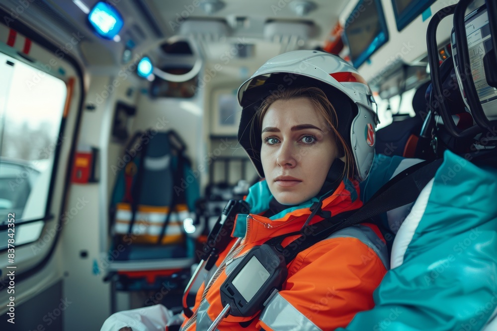 Emergency concept. Female EMS Professional paramedic in Ambulance vehicle on the way to hospital. Emergency medical care assistant works in an ambulance. Emergency concept. Female EMS Professional paramedic in Ambulance vehicle on the way to hospital. Emergency medical care assistant works in an ambulance.