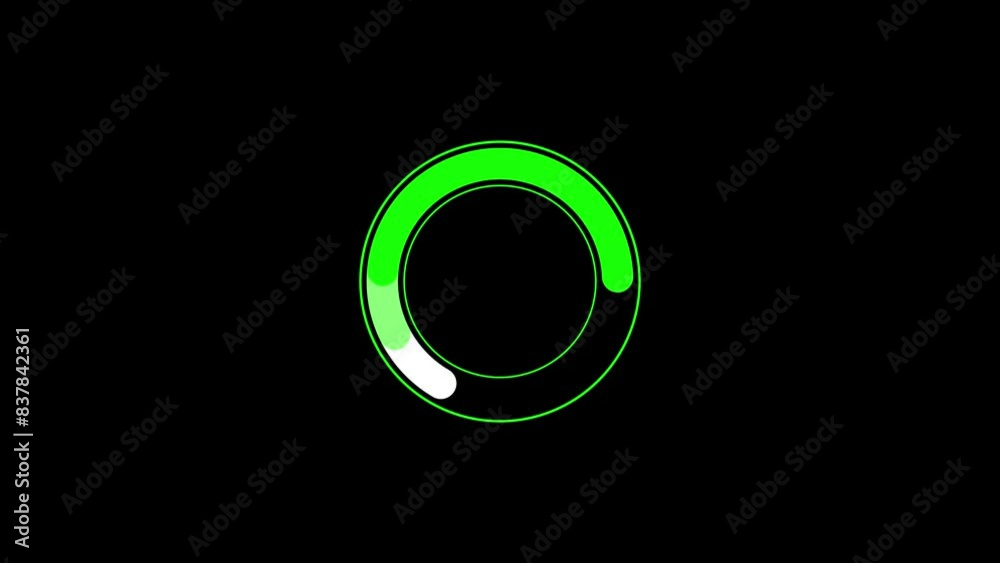 Animation of a circle loading icon in neon green with shadows and lines on the side, animation of loading a circle with a black background.