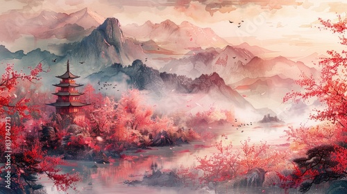 Watercolor illustration of a Japanese-inspired landscape, with soft, flowing brushstrokes depicting traditional elements like pagodas, mountains, and cherry blossoms. Ends with AI Generative. photo