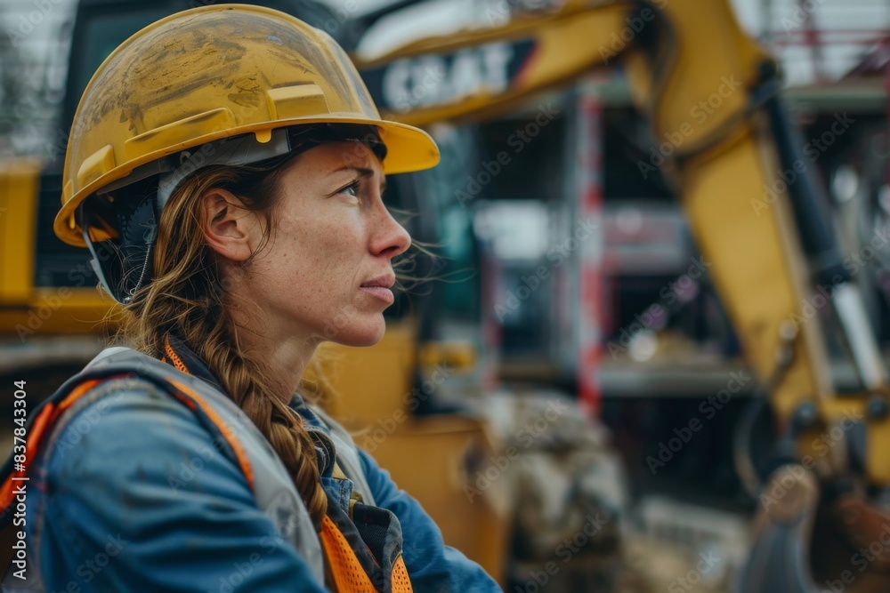 Female construction worker near to backhoe on the construction site. Female construction worker near to backhoe on the construction site.