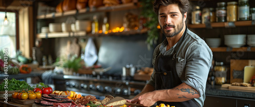 Smiling chef in a kitchen  surrounded by fresh ingredients  preparing a delicious meal. Ideal for culinary  cooking  and gastronomy themes.