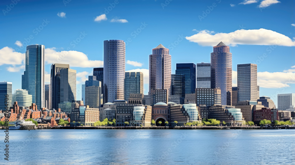 Fototapeta premium Bustling City Waterfront Under Clear Blue Skies