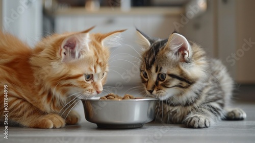 Two cute fluffy cats eats pet food from bowl. Kitten is not eating. Healthy food for pets. Dietary balanced. Modern interior, white kitchen.