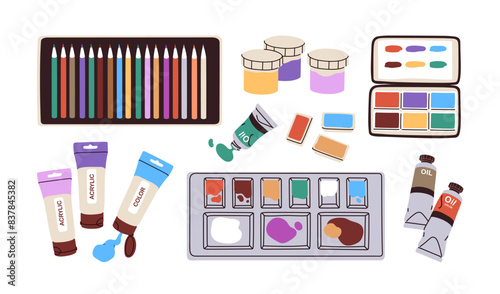 Art supplies, drawing and painting tools set. Pencils in box, paints in jars, tube, case. Aquarelle palette, oil, gouache and acrylic materials. Flat vector illustrations isolated on white background