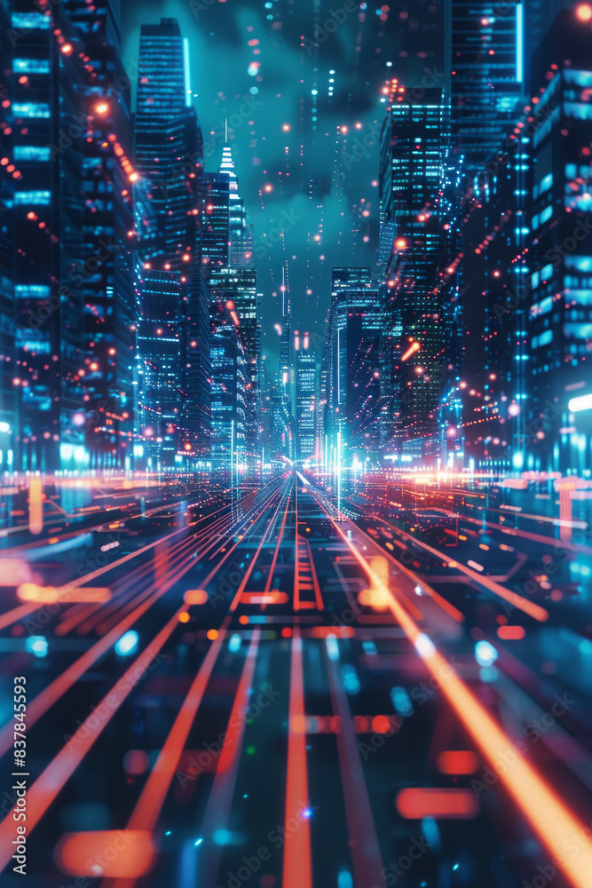 A digital futuristic city in the background with glowing lines in the foreground A digital futuristic city in the background with glowing lines in the foreground