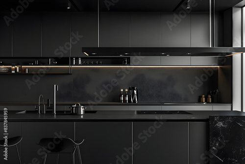 sleek black kitchen design exudes minimalistic sophistication and elegance. generative ai