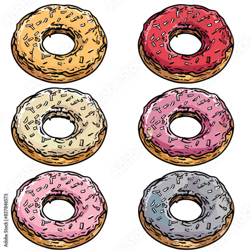 Six colorful donuts arranged two rows, handdrawn style, assorted sprinkles. Delicious glazed doughnuts, pink, yellow, white icing, graphic design. Sweet treats, dessert concept, bakery items