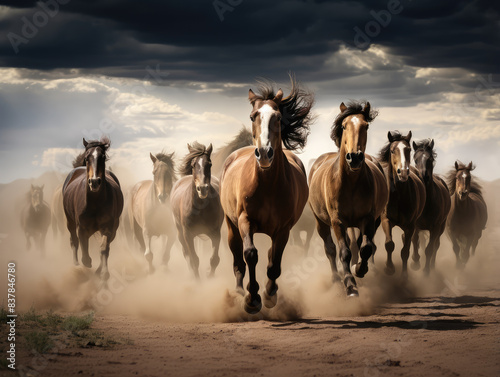 Majestic Herd of Horses Galloping in Dusty Wilderness photo