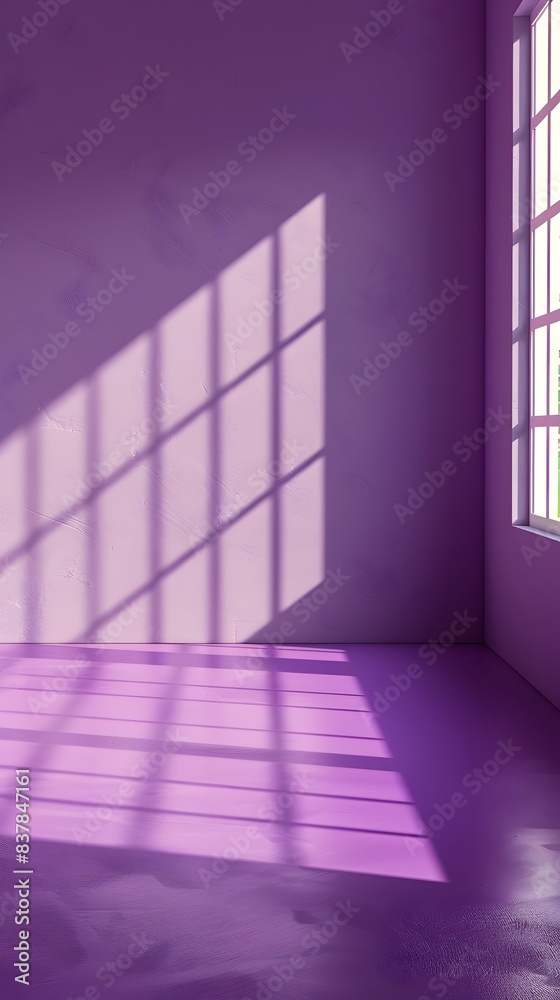 3D rendering of an empty room with purple wall and floor sunlight from window background for product presentattion 3D rendering of an empty room with purple wall and floor sunlight from window background for product presentattion