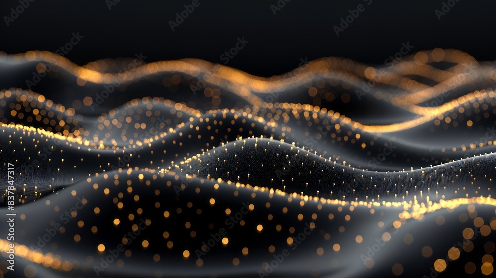 3D rendered waves with golden particles on dark background 3D rendered waves with golden particles on dark background
