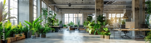 Modern Industrial Office Space with Green Plants and Natural Light, Open Concept Workspace, Contemporary Interior Design, Eco-Friendly Environment, Urban Office Setting