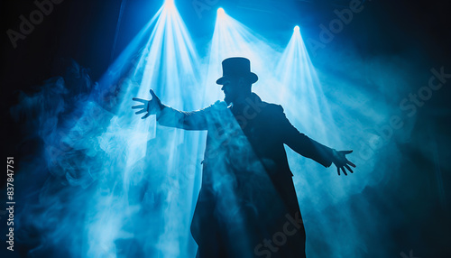 magician or illusionist shows a magic trick. Blue stage light in the background