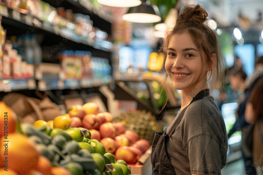 Happy young attractive saleswoman cashier serving customers in supermarket. Happy young attractive saleswoman cashier serving customers in supermarket.
