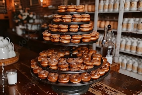 Tower of Donuts Display in Cozy Cafe Interior - Perfect for Bakery Advertising and Coffee Shop Promotions photo