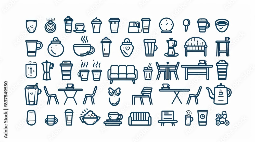 assortment of coffe cups, coffee takeaway paper cups, coffee beans, couches, tables, chairs, doors background one color icons lineart, isolated on white. assortment of coffe cups, coffee takeaway paper cups, coffee beans, couches, tables, chairs, doors background one color icons lineart, isolated on white.
