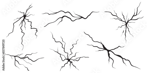 Ground cracks set. Earthquake and ground cracks, hole effect, craquelure and damaged wall texture. Vector illustrations can be used for topics earthquake, crash, destruction