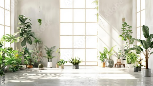 bright room with plants, modern industrial, isolated on white. © Kanyakarn