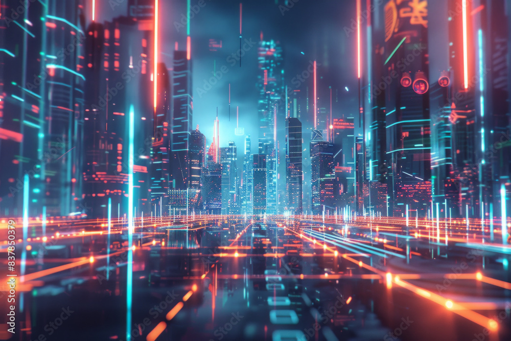 A digital futuristic city in the background with glowing lines in the foreground 