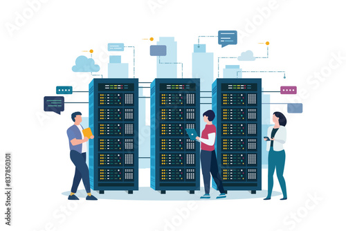 Technician works in server room racks. Cloud system concept. data center. data storage