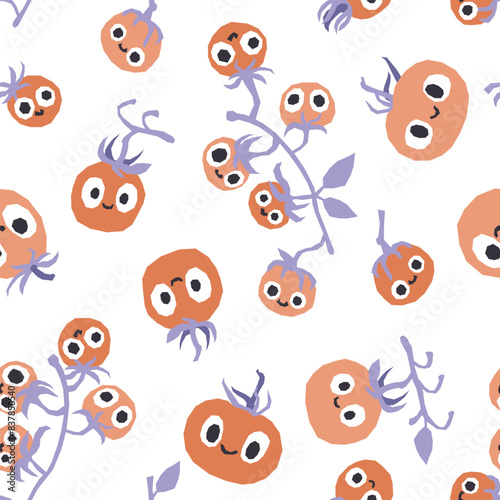 Cute green vegetables seamless pattern. Vector cartoon childich background with smiling vege characters. Pastel red tomatoes on a white background.