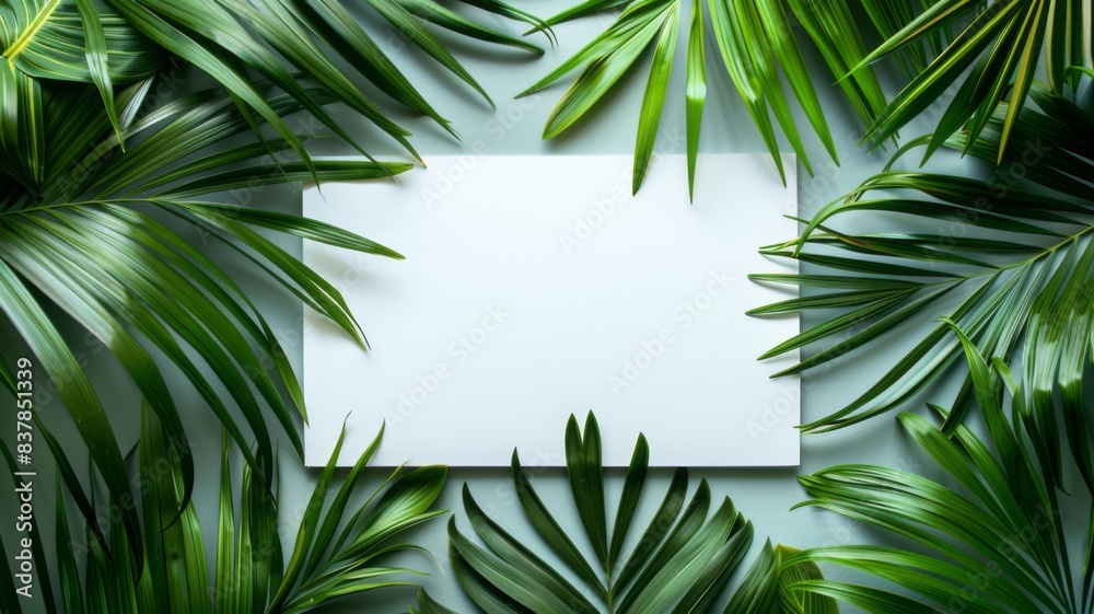 Tropic palm leaf banner, green jungle plants and exotic flowers. Nature frame with banana and monstera foliage, forest coconut palm. Mockup with detailed  photography elements. Poster design