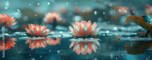 Water lilies  serene pond  reflective water close up  focus on  copy space  calm and picturesque  Double exposure silhouette with lilies