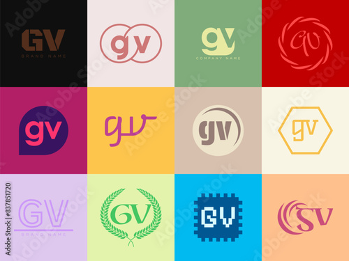GV logo company template. Letter g and v logotype. Set different classic serif lettering and modern bold text with design elements. Initial font typography.