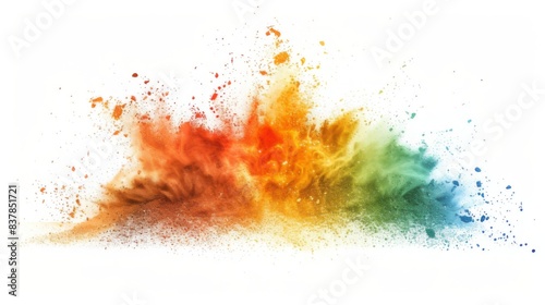 Dry Soil explosion with dirt and cloud smoke. Isolated on white background. Rainbow Dirty ground abstract spread with flying particles
