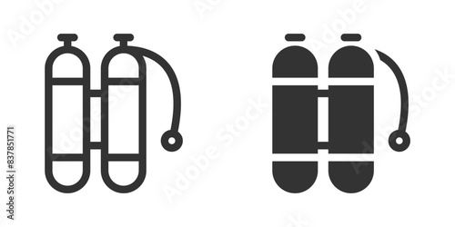 Minimalist black and white vector illustration of scuba diving tanks with hoses.