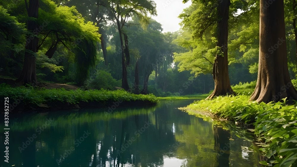 Vast Expanse of Lush Greenery: Serene Lake with Scenic Walking Path, Tranquil Nature Scene: Lake Surrounded by Lush Greenery and a Walking Way, Lush Green Landscape: Peaceful Lake with a Pictures que 