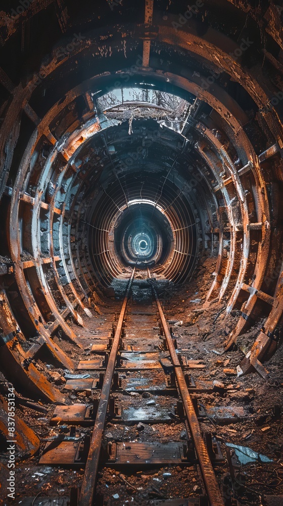 Rusty abandoned underground tunnel with railway tracks leading into the distance, highlighting decay and industrial remnants. Rusty abandoned underground tunnel with railway tracks leading into the distance, highlighting decay and industrial remnants.