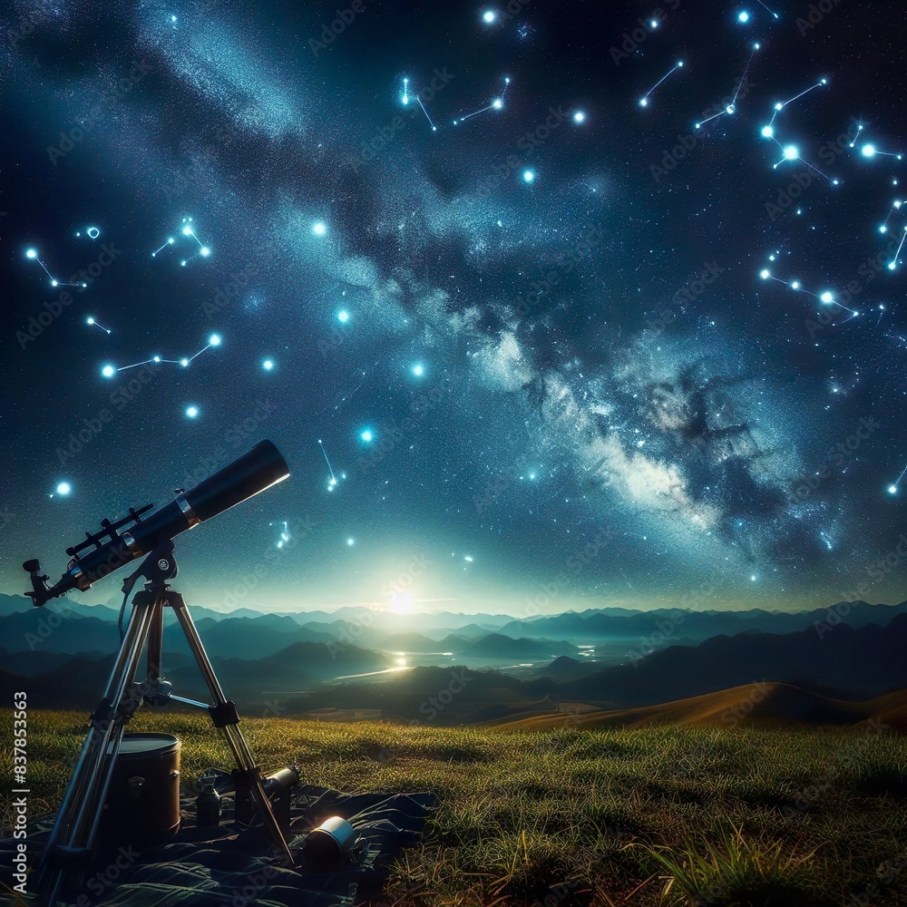 Telescope looking into the night sky, with beautiful constellations