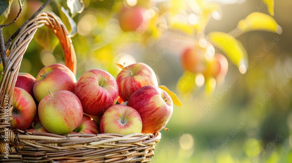 Fresh apples in a basket outdoors with copy space