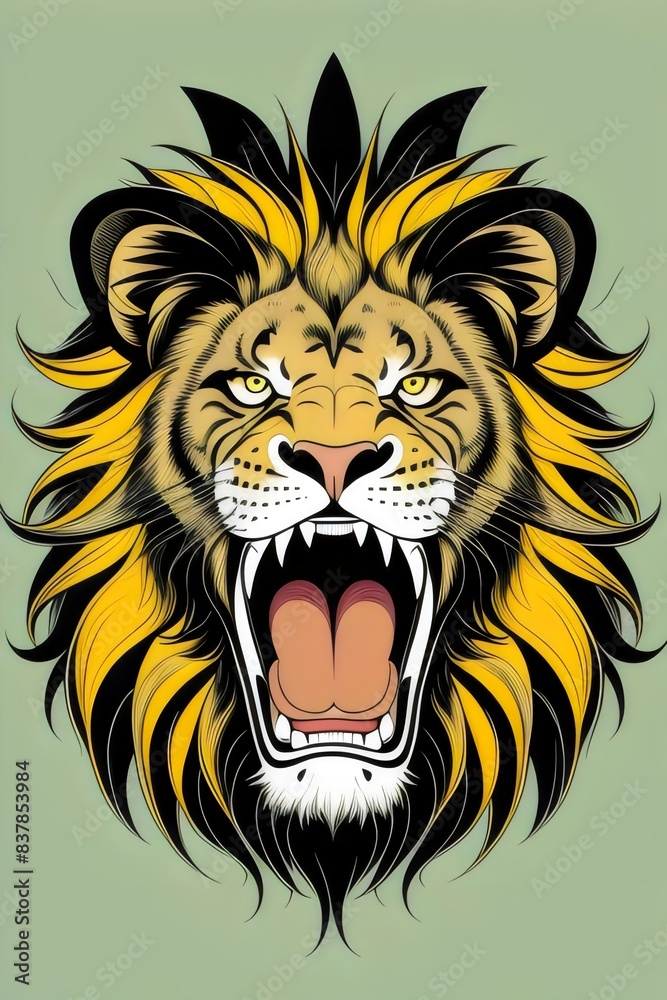 Obraz premium a cartoon fierce, angry, lion, mascot, t-shirt design, \illustration, wild, animal, mane, roar, claws, teeth, predator, savannah, nature, aggressive, strong, powerful, golden, character, vector