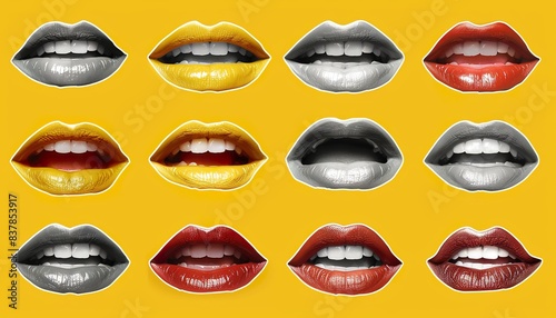 Black and white toned sunny summer colorful yellow background collage in magazine style with emotional woman s lip gestures set. Girl mouth close up with lipstick makeup expressing different emotions.