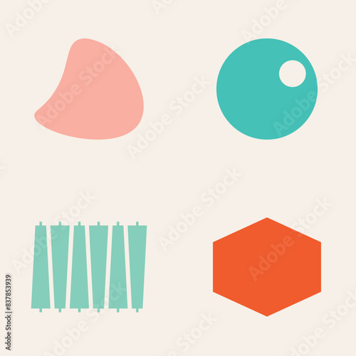 50s Mid Century Modern Shapes, Elements, Logos, Signs, Fifties, 1950s, in Beige, Pink, Green, Orange, Turquoise and Red