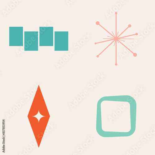 50s Mid Century Modern Shapes, Elements, Logos, Signs, Fifties, 1950s, in Beige, Pink, Green, Orange, Turquoise and Red