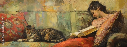 Cat curled up on a sofa next to a woman reading a book generated by AI