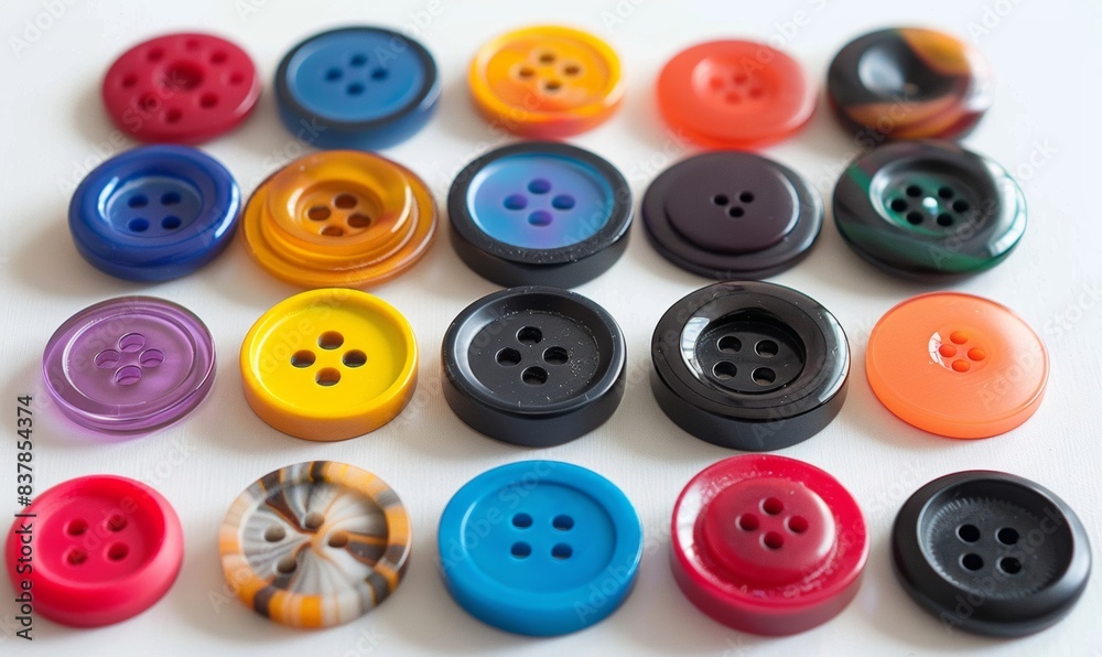 Vibrant assortment of buttons on a white background, perfect for sewing projects