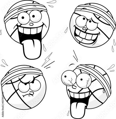 Basketball cartoon characters in various expressions. Basketball players sports balls. Vector black and white coloring page.