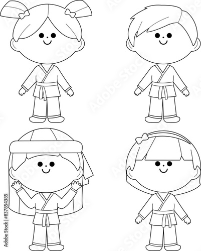 Group of children in martial arts uniforms. Karate kids athletes, boys and girls. Vector Illustration