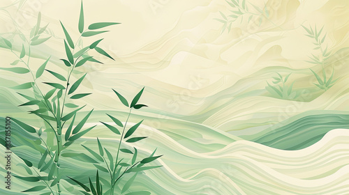 Abstract bamboo and waves, natural colors, flat design, flowing lines