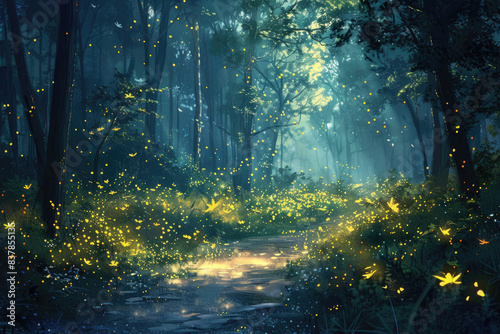 An enchanting scene of fireflies illuminating the darkness of a forest clearing