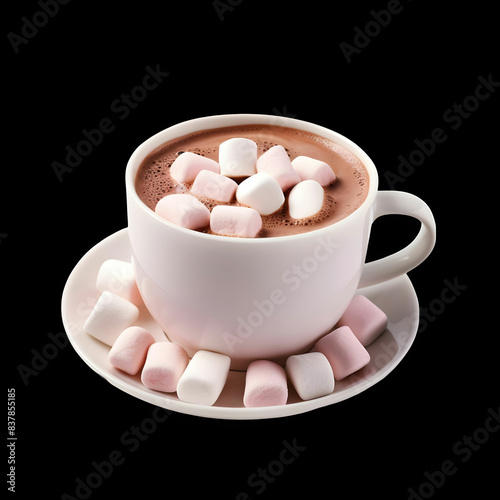 hot chocolate with a marshmallows on white background . Cup of hot cocoa with marshmallows and candy stick isolated on white background